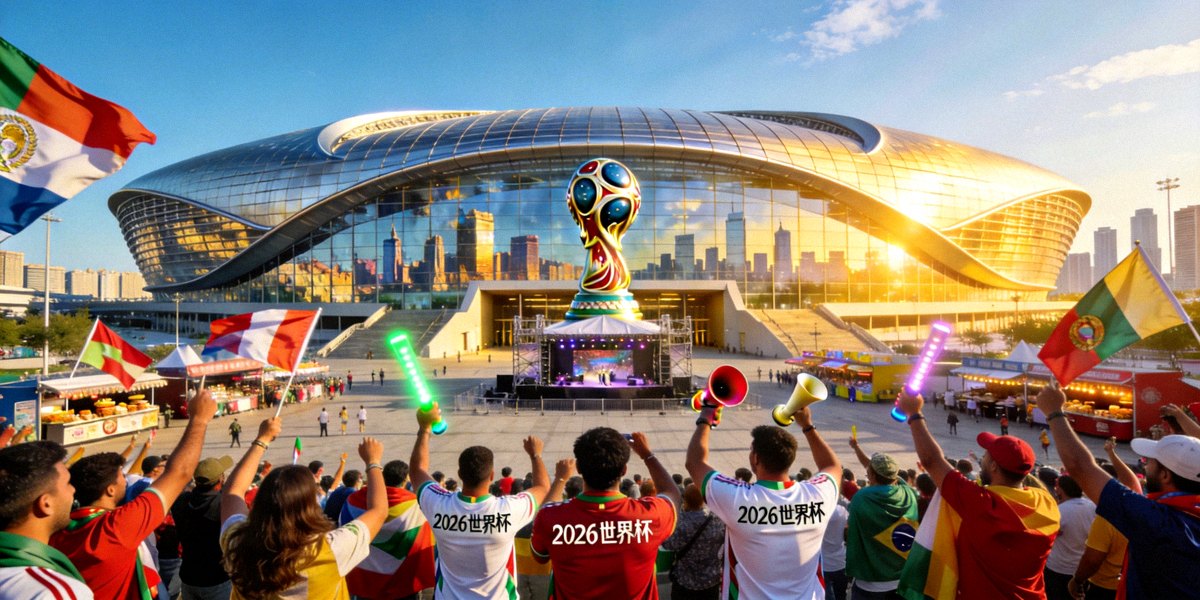 2026年世界杯主办城市体育场外景，现代建筑与球迷